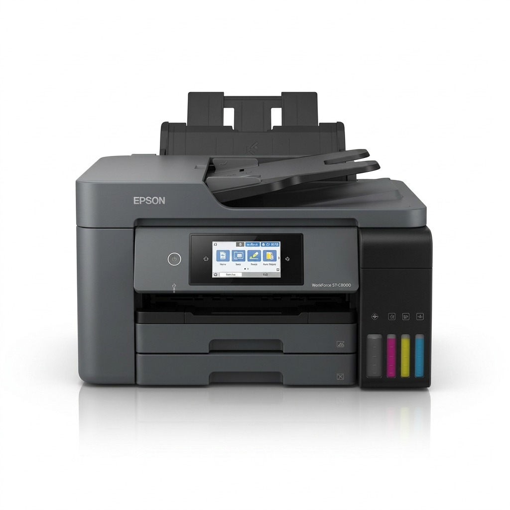 Pure high-resolution canonical product image of the dark grey Epson WorkForce ST-C8000 Supertank A3 MFP, with its multi-chamber ink tanks visible, centered on a pure white background.