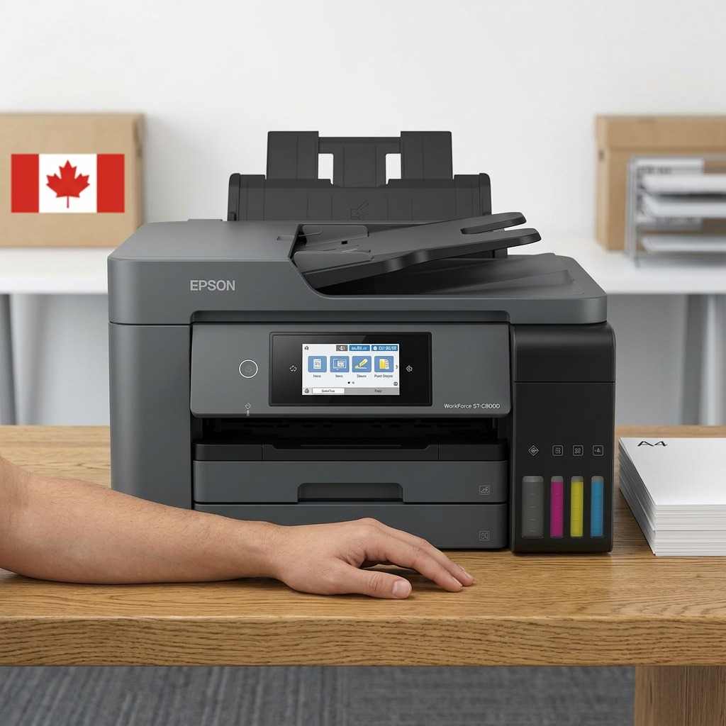 Pure high-resolution canonical product image of the dark grey Epson WorkForce ST-C8000 Supertank A3 MFP, with its multi-chamber ink tanks visible, centered on a pure white background.